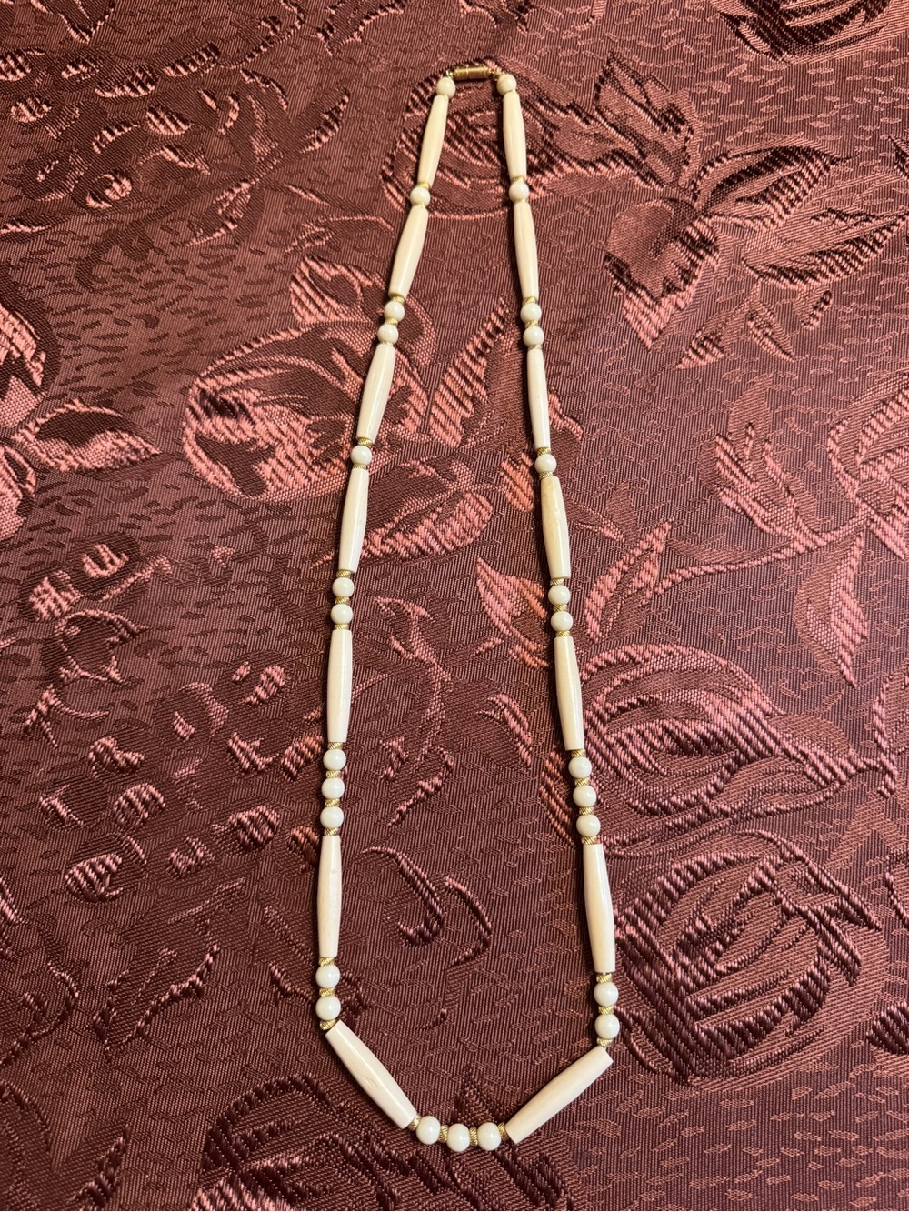 Vintage 70s Carved Bovine Bone Pipe Bead Necklace Boho Cream Gold Desert Chic